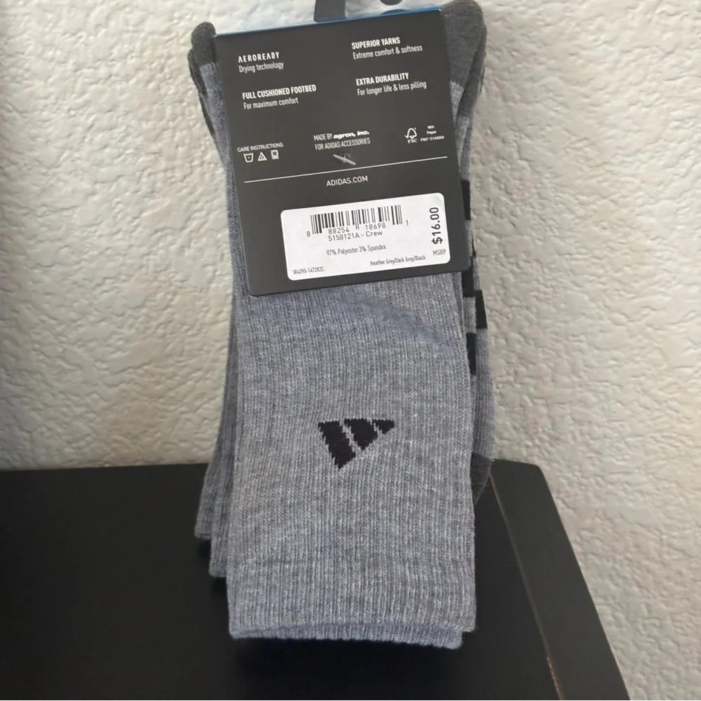 Adidas Men’s Cushioned 3 Pair Heather Grey‎ Crew Socks NEW